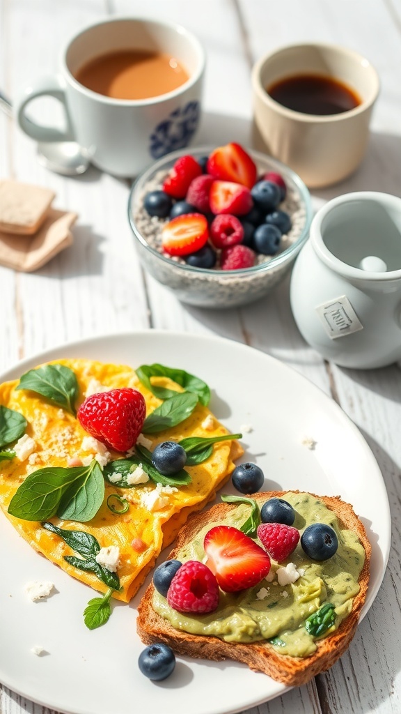 A colorful breakfast with an omelet, chia seed pudding with berries, and avocado toast on a wooden table.